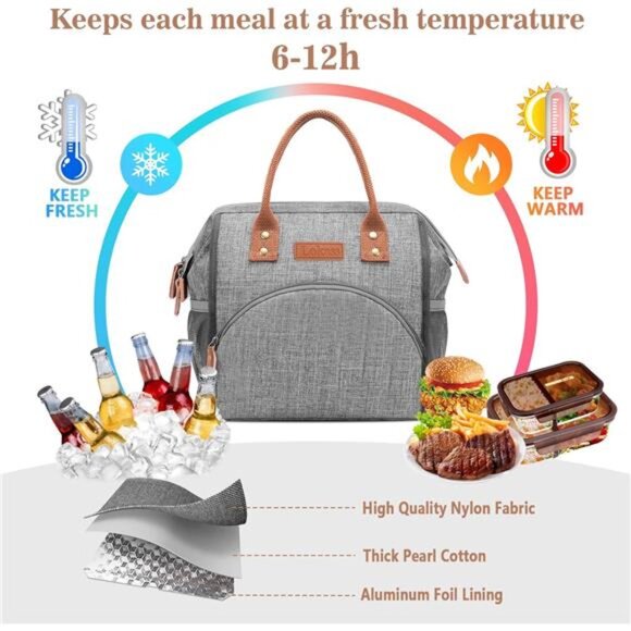 LOKASS Lunch Bag Women Insulated Lunch Box Wide-Open Lunch Tote Bag Large - Picture 3 of 7